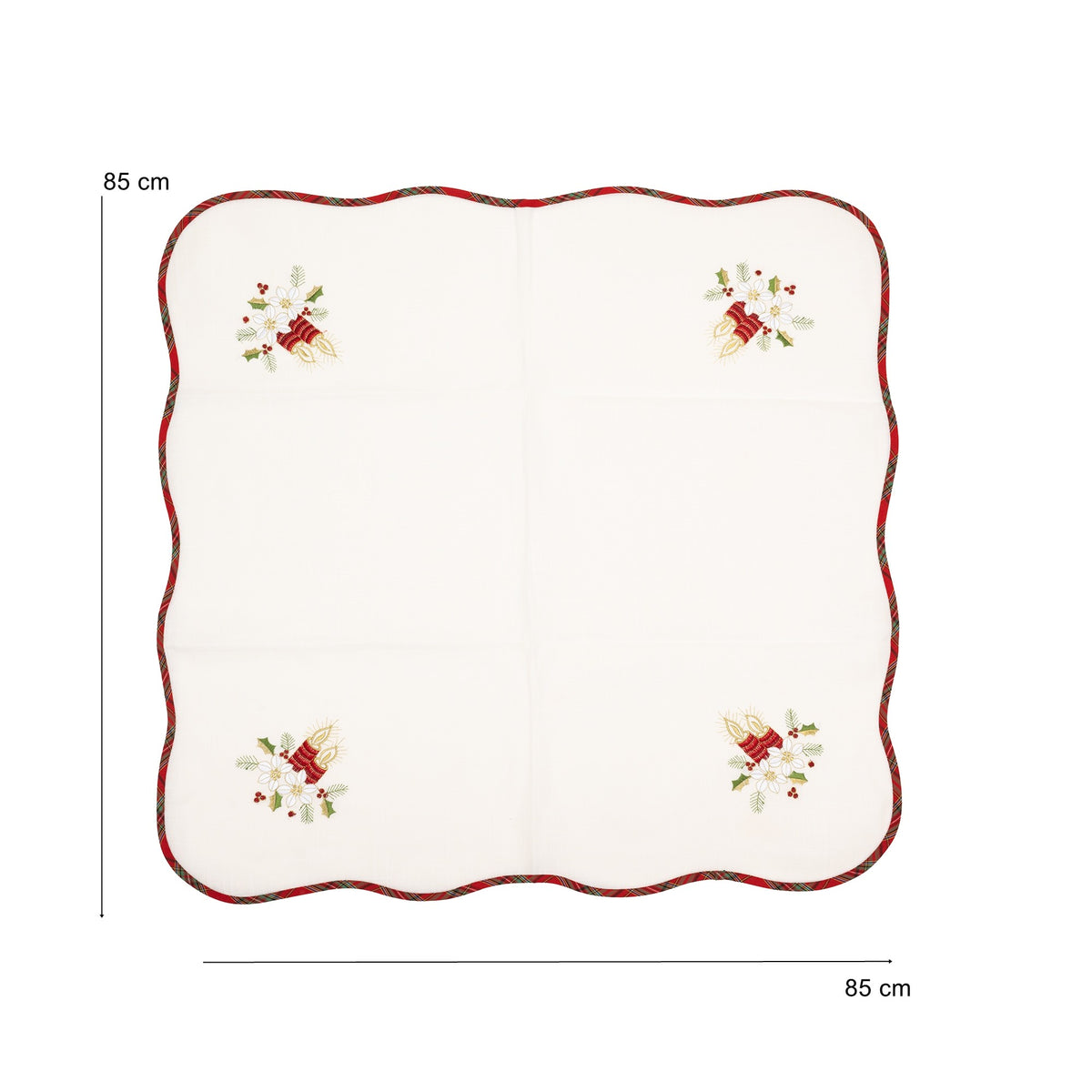 Fata de Masa Craciun cu Broderie Florala si Lumanari, Decor Festiv de Iarna, Material Textil Brodat, 85 x 85 cm, Alb