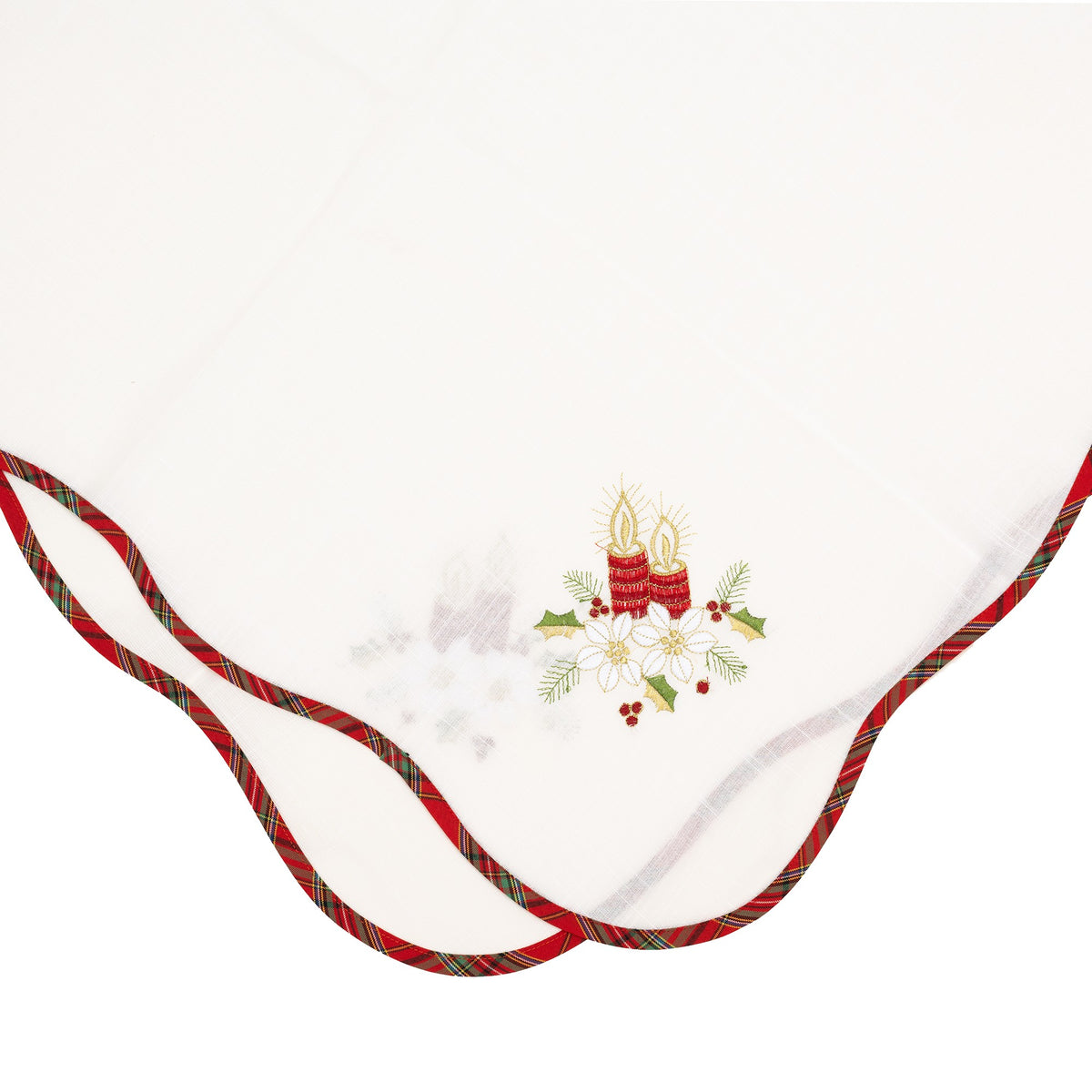 Fata de Masa Craciun cu Broderie Florala si Lumanari, Decor Festiv de Iarna, Material Textil Brodat, 85 x 85 cm, Alb