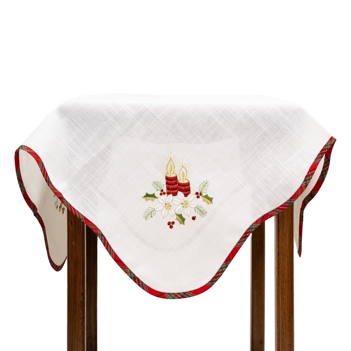 Fata de Masa Craciun cu Broderie Florala si Lumanari, Decor Festiv de Iarna, Material Textil Brodat, 85 x 85 cm, Alb
