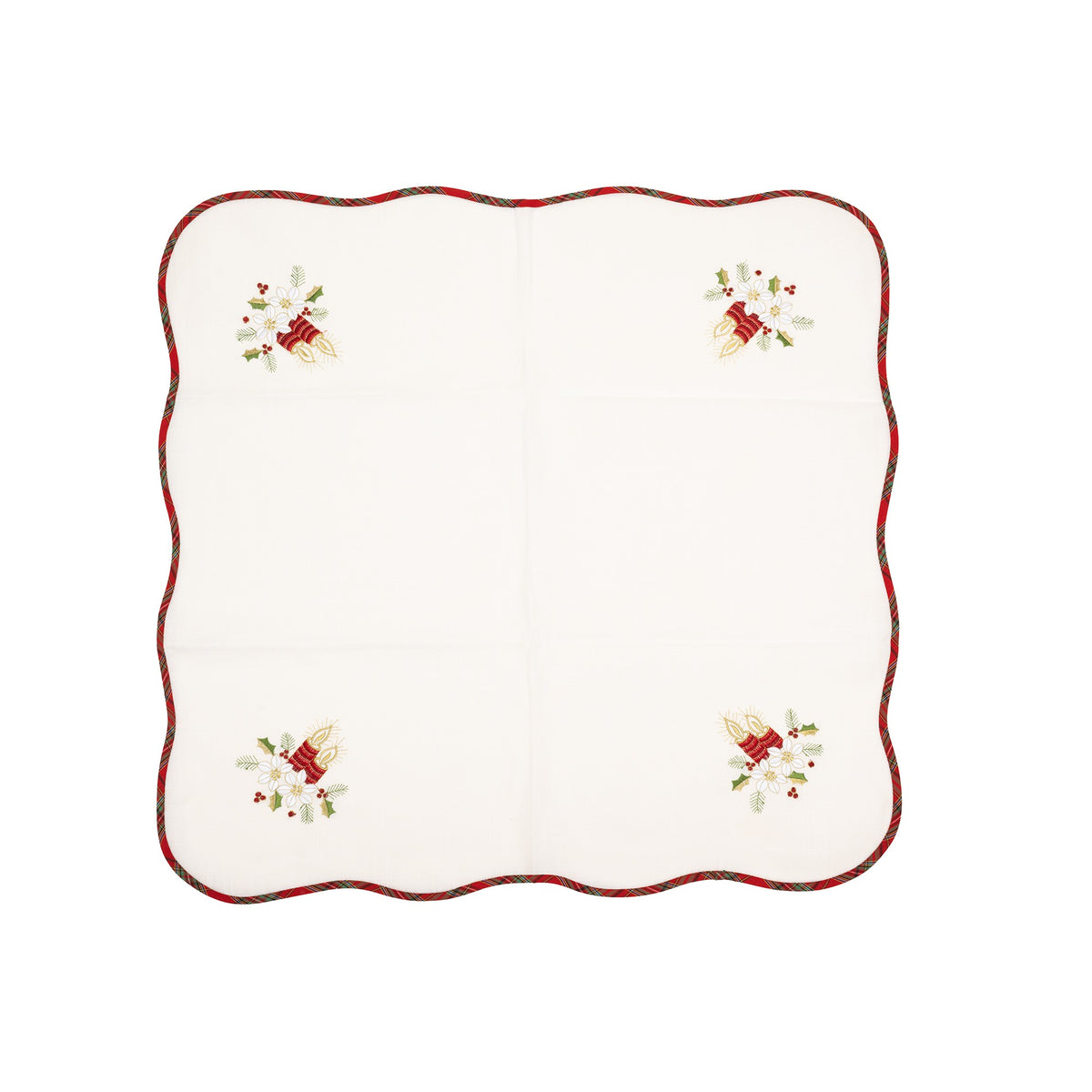 Fata de Masa Craciun cu Broderie Florala si Lumanari, Decor Festiv de Iarna, Material Textil Brodat, 85 x 85 cm, Alb