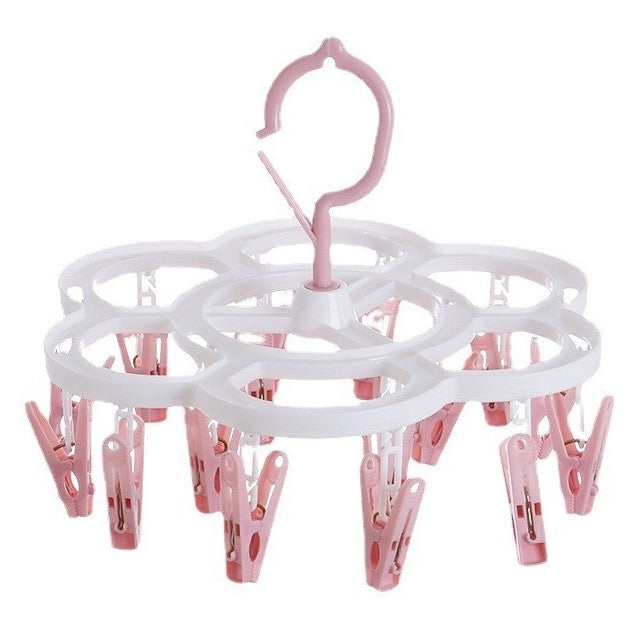 Uscator de Rufe Suspendat, Suport cu 16 Carlige si Rotire 360 Grade, Plastic Rezistent, 26 x 21 cm, Roz