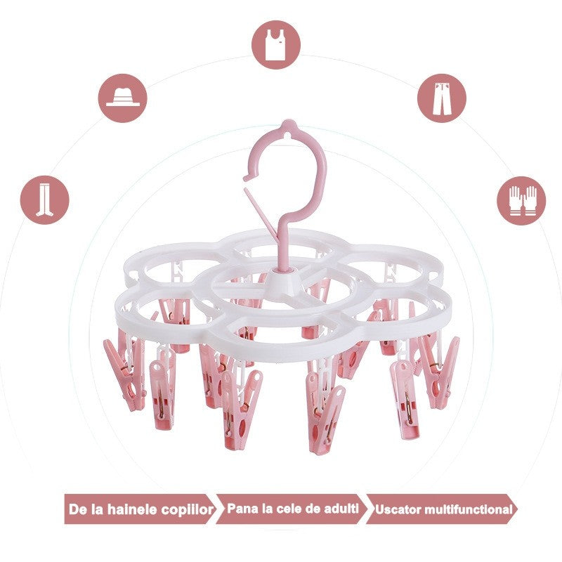 Uscator de Rufe Suspendat, Suport cu 16 Carlige si Rotire 360 Grade, Plastic Rezistent, 26 x 21 cm, Roz