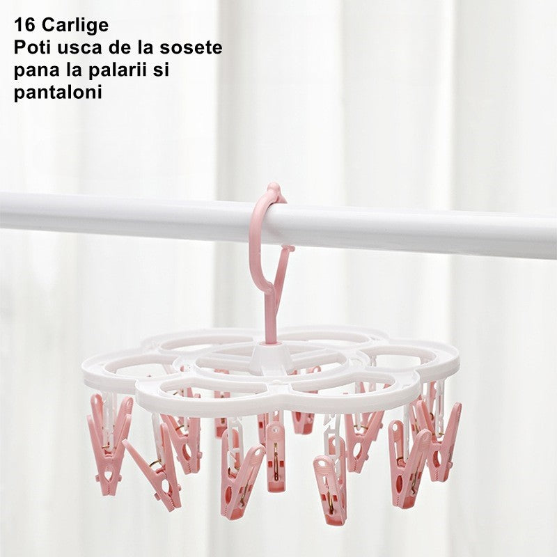 Uscator de Rufe Suspendat, Suport cu 16 Carlige si Rotire 360 Grade, Plastic Rezistent, 26 x 21 cm, Roz