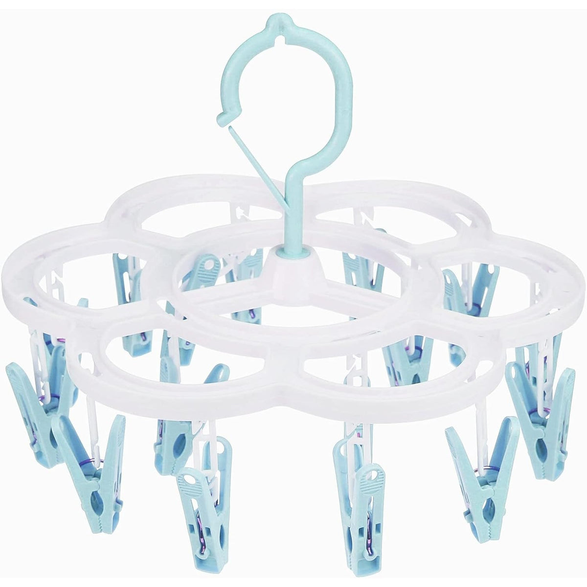 Uscator de Rufe Suspendat cu 16 Carlige, Sistem Rotativ 360 Grade, Suport Multifunctional pentru Sosete si Lenjerie, Material Plastic, 26 x 21 cm, Albastru/Roz