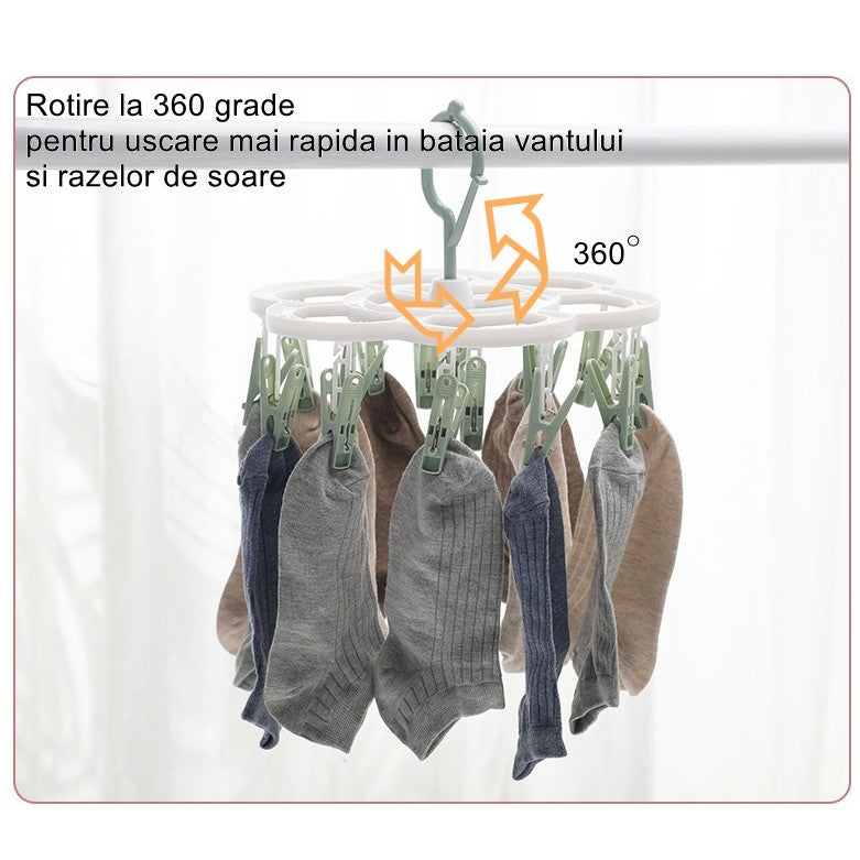Uscator de Rufe Suspendat cu 16 Carlige, Sistem Rotativ 360 Grade, Suport Multifunctional pentru Sosete si Lenjerie, Material Plastic, 26 x 21 cm, Verde