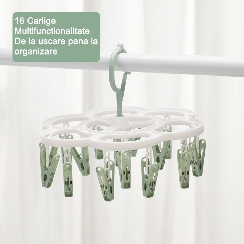 Uscator de Rufe Suspendat cu 16 Carlige, Sistem Rotativ 360 Grade, Suport Multifunctional pentru Sosete si Lenjerie, Material Plastic, 26 x 21 cm, Verde