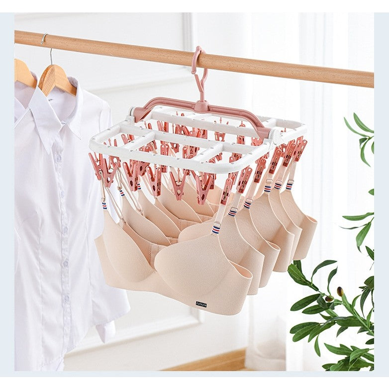 Uscator de Rufe Suspendat cu 40 Carlige, Rotire 360 Grade si Protectie Vant, Suport Pliabil pentru Sosete si Lenjerie, Material Plastic, 36 x 24 cm, Alb/Roz