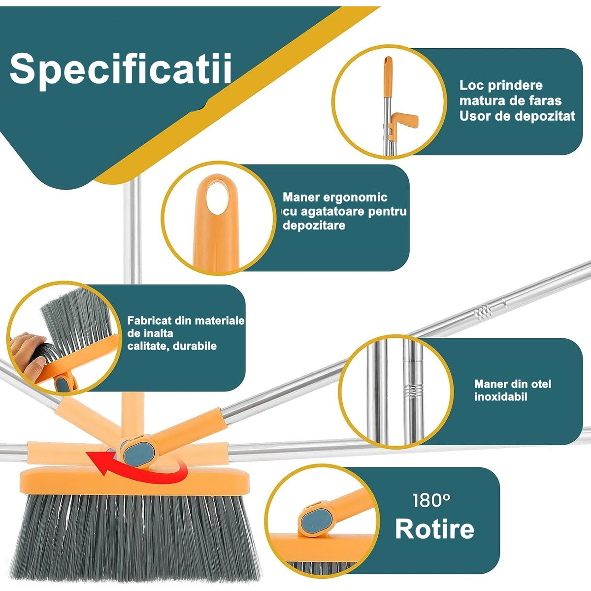 Set Matura si Faras cu Coada Detasabila, Dinti de Pieptene pentru Curatare, Design Rotativ si Pliabil, Otel Inoxidabil si Polipropilena, Portocaliu