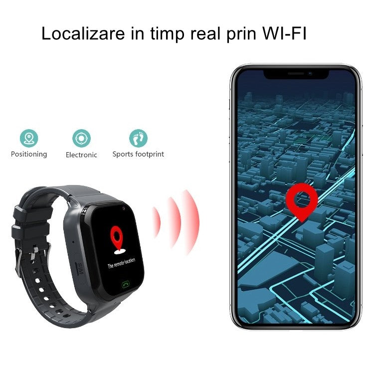 Ceas Smartwatch Copii LT31E-4G, Functie Telefon si Video Call, Localizare GPS, LBS, WiFi, Buton SOS, Camera, Monitorizare Spion, Rezistent la Apa IP67, Silicon, Negru