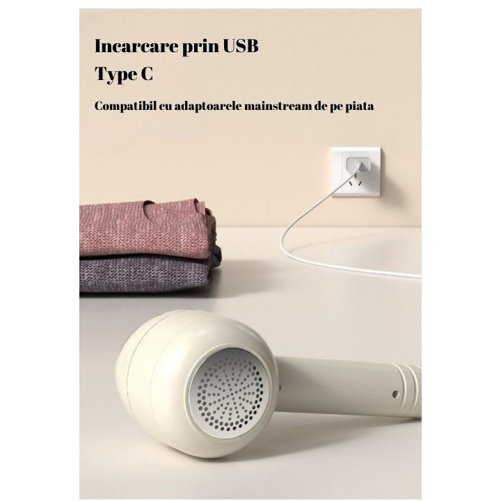Aparat Pentru Curatat Scame, Par Si Praf, 6 Lame Din Otel Inoxidabil, Incarcare USB Type-C, Portabil, Include Stick Cu Lipici Si Perie De Curatare, Alb, 220 x 86 mm