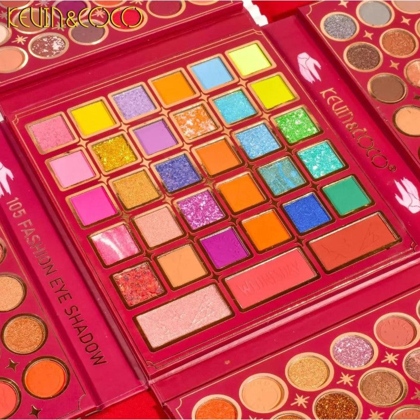 Kevin&Coco Paleta Machiaj Profesionala cu 105 Culori, Kit Complet pentru Ochi si Fata, Design Pliabil, Include Blush, Conturing si Iluminator, Pudra Compacta, Multicolor, 18.7 x 17.3 x 2.6 cm