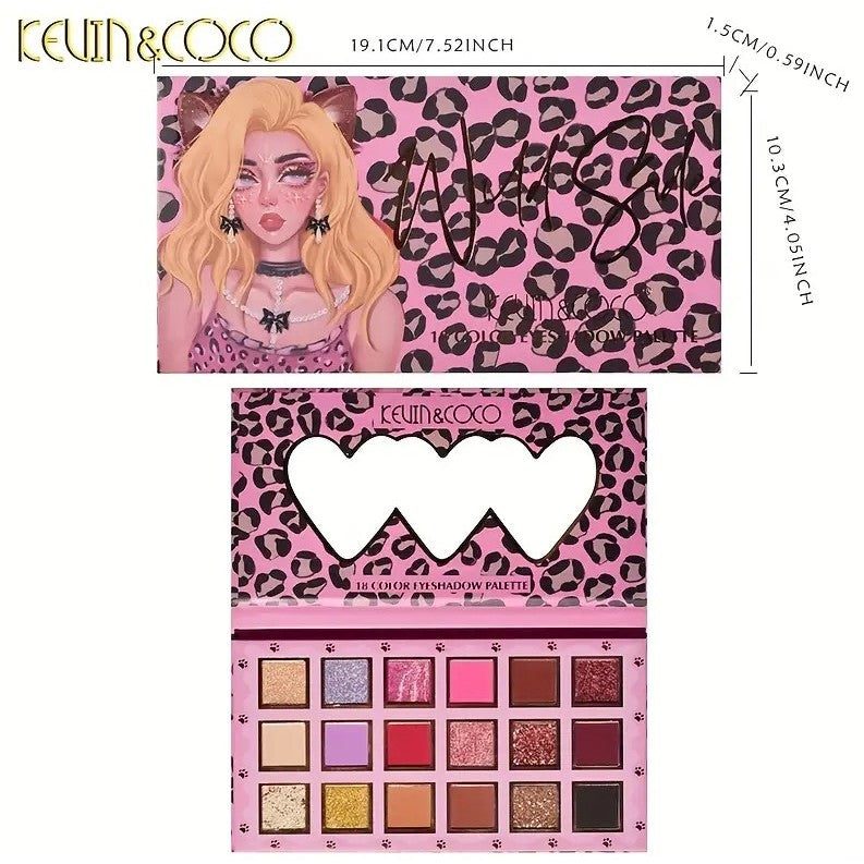 Kevin&Coco Paleta Farduri de Pleoape cu 18 Nuante Pigmentate, Imprimeu Leopard Roz si Oglinda Interioara, Design Dreptunghiular Compact, 19 x 10 cm, 180 g, Multicolor