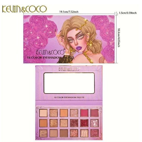 Kevin&Coco Paleta de Farduri de Pleoape, 18 Culori Pigmentate, Design Compact pentru Calatorii, Format Dreptunghiular, 19 x 10 cm, 180 g, Multicolor