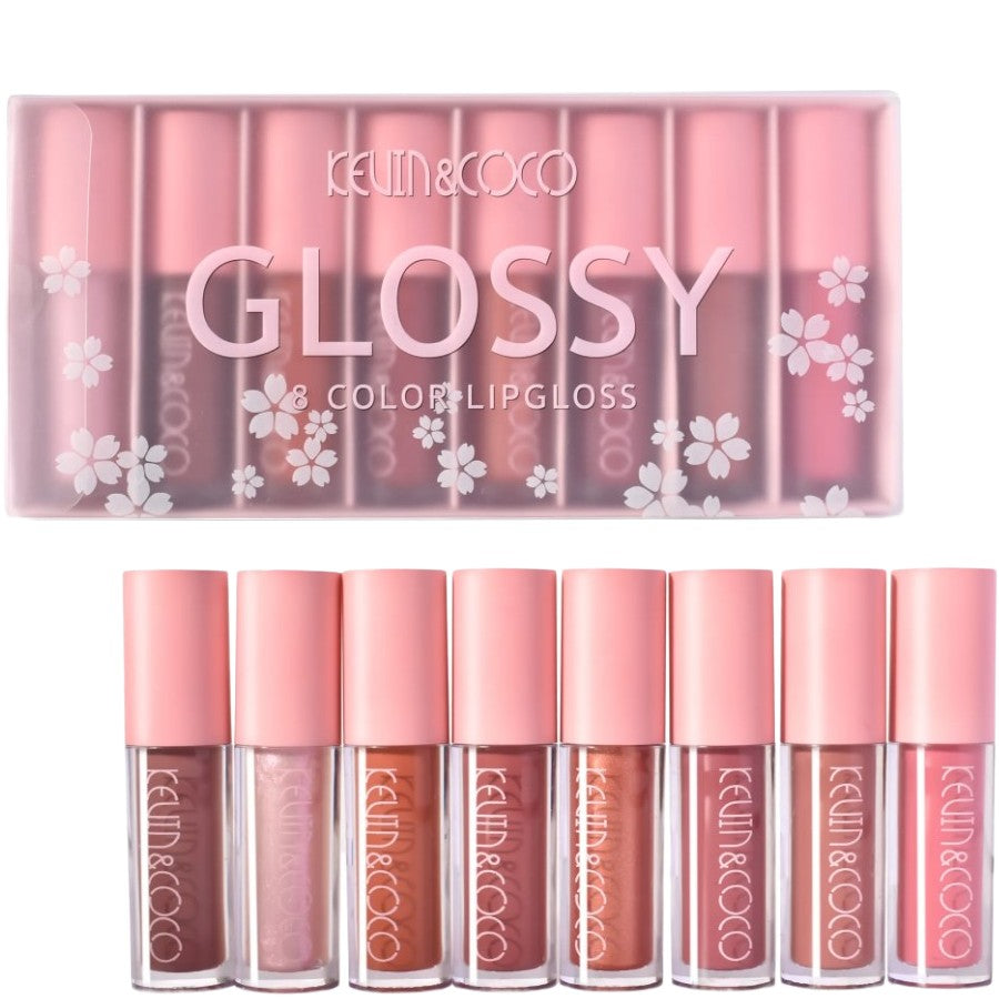 Set 8 Lip Gloss, Luciu de Buze Hidratant cu Finish Glossy, Nuanțe Rose și Nude, Cutie Dreptunghiulară pentru Transport, 181.5 g, Multicolor