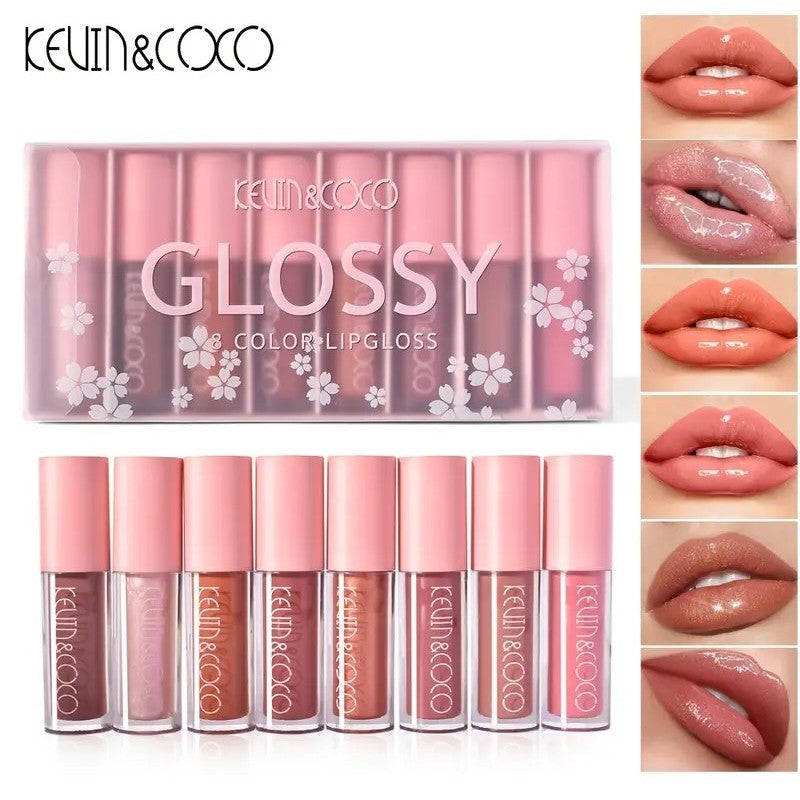 Set 8 Lip Gloss, Luciu de Buze Hidratant cu Finish Glossy, Nuanțe Rose și Nude, Cutie Dreptunghiulară pentru Transport, 181.5 g, Multicolor