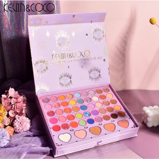 Kevin&Coco Set Machiaj 13 Piese, Paleta Farduri 50 Culori Nude si Rose, 6 Glossuri, Crema Blush, Ceara Sprancene, Cutie Patrata, Multicolor