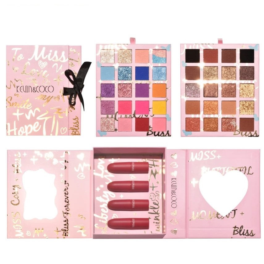 Kevin&Coco Set Cosmetice Machiaj, Paleta 40 Farduri Nude si Rose, 4 Lip Gloss, Pudra Compacta, Cutie Cadou, Fara Sulfati, Multicolor, 17 x 14 x 5 cm