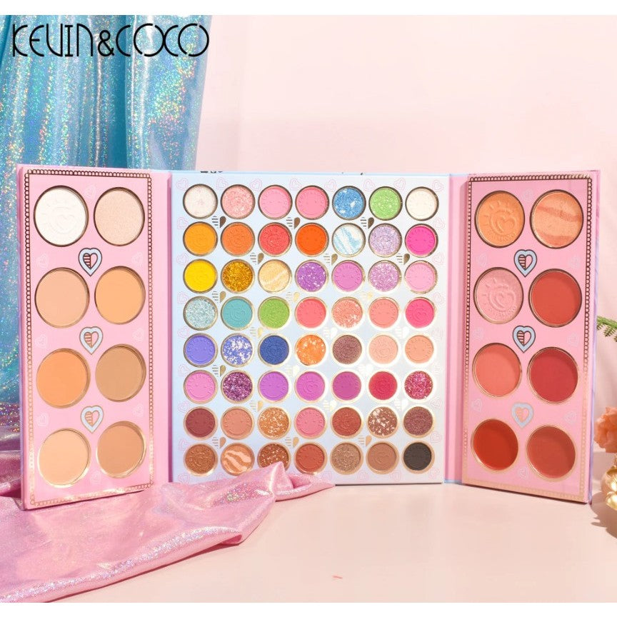 Kevin&Coco Paleta Machiaj Multifunctionala, 72 Culori Fard Pleoape, Contur, Iluminator si Blush, Design Pliabil Dreptunghiular, 22 x 24.5 cm, 490 g, Multicolor