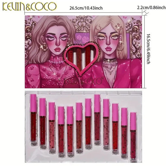 Kevin&Coco Set 12 Gloss de Buze Hidratant, Luciu de Buze cu Nuante Rosu, Roz si Nude, Cutie Eleganta pentru Cadou, Multicolor, 200 g