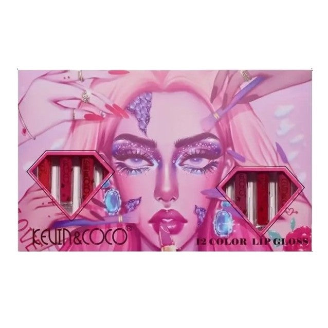 Kevin&Coco Set 12 Lip Gloss, Luciu de Buze Hidratant cu Stralucire, Nuanțe Rosu si Rose, Cutie Dreptunghiulara, 200 g, Multicolor
