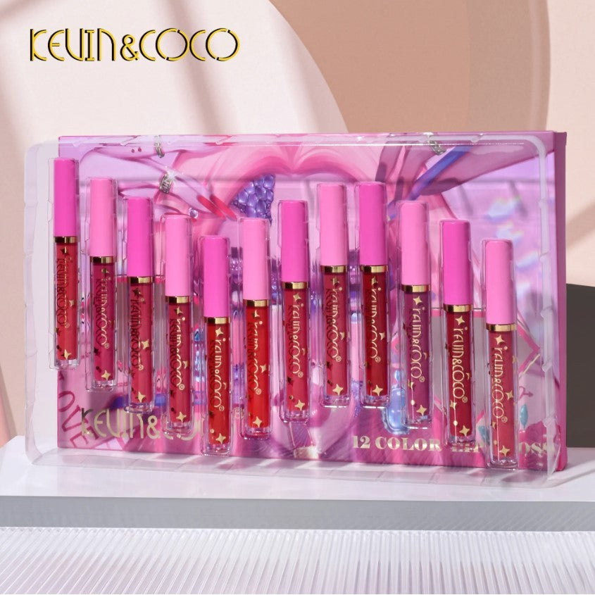 Kevin&Coco Set 12 Lip Gloss, Luciu de Buze Hidratant cu Stralucire, Nuanțe Rosu si Rose, Cutie Dreptunghiulara, 200 g, Multicolor