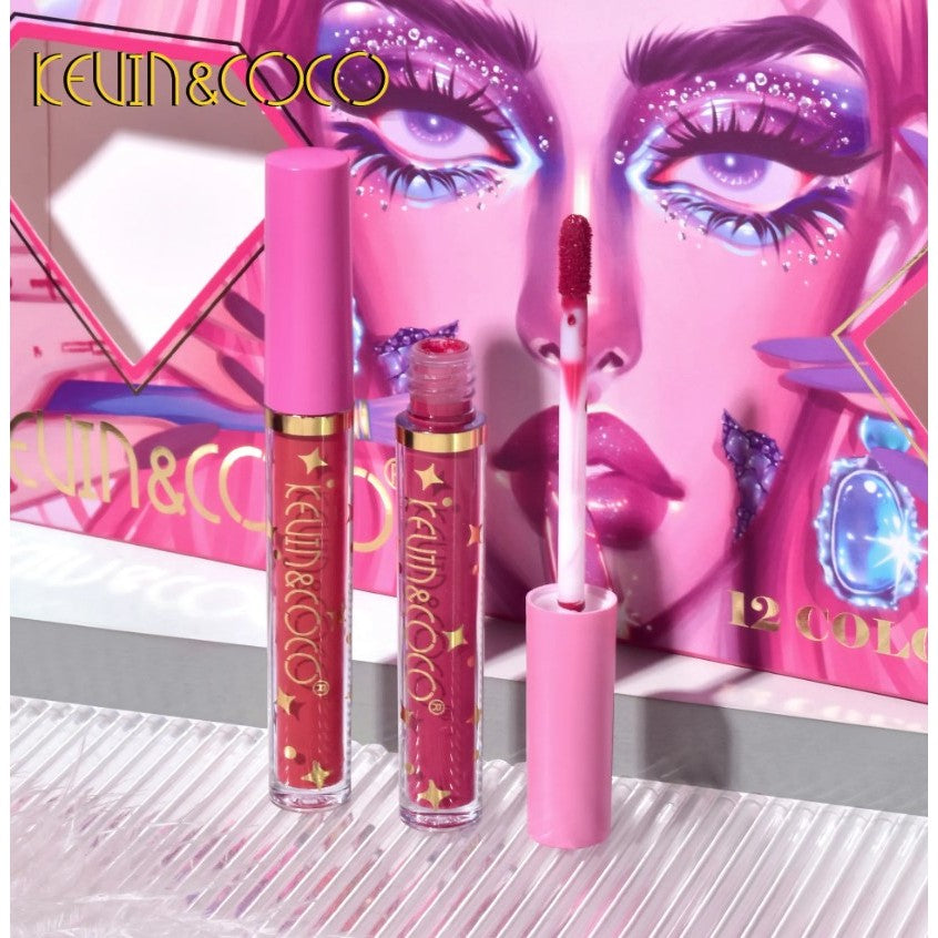 Kevin&Coco Set 12 Lip Gloss, Luciu de Buze Hidratant cu Stralucire, Nuanțe Rosu si Rose, Cutie Dreptunghiulara, 200 g, Multicolor