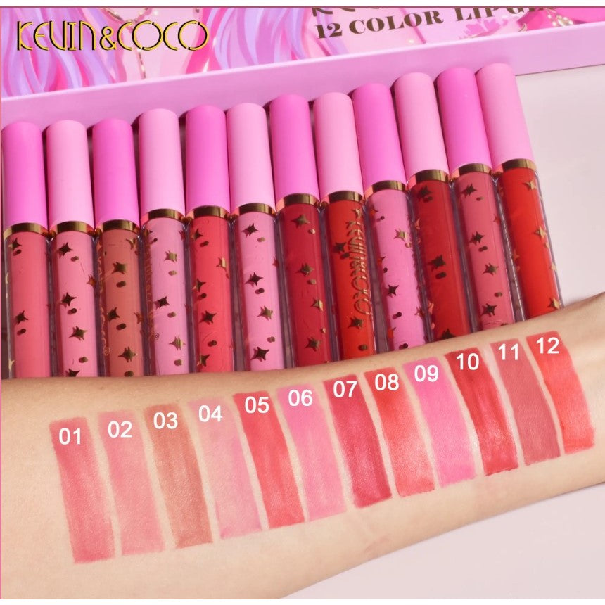 Kevin&Coco Set 12 Luciu de Buze, Lip Gloss Hidratant cu Finish Stralucitor, Nuante Rosu, Rose, Nude si Roz, Cutie Dreptunghiulara, 26.5x16.5x2.2 cm, 200 g, Multicolor