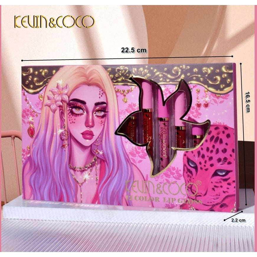 Kevin&Coco Set 12 Luciu de Buze, Lip Gloss Hidratant cu Finish Stralucitor, Nuante Rosu, Rose, Nude si Roz, Cutie Dreptunghiulara, 26.5x16.5x2.2 cm, 200 g, Multicolor