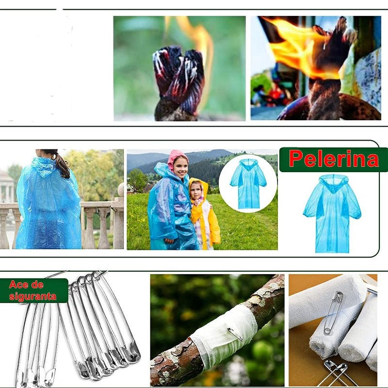 Kit Supravietuire Multifunctional si Trusa Prim Ajutor, Instrumente Profesionale Camping si Drumetii, Accesorii Outdoor, Material Textil Tip Borseta, Model Army, Verde Camuflaj