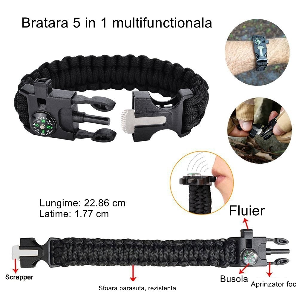 Kit Supravietuire Multifunctional si Trusa Prim Ajutor, Instrumente Profesionale Camping si Drumetii, Accesorii Outdoor, Material Textil Tip Borseta, Model Army, Verde Camuflaj