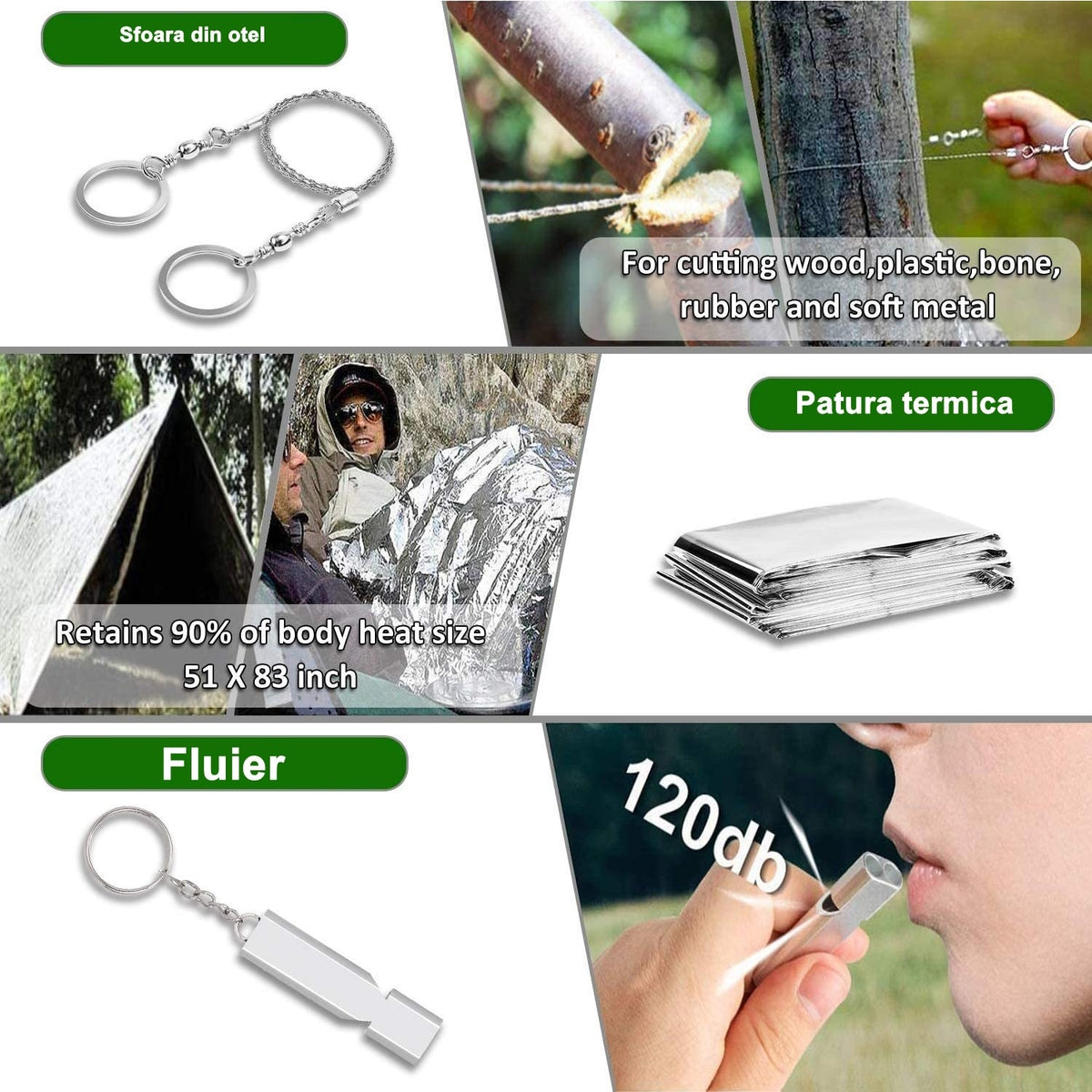 Kit Supravietuire Multifunctional si Trusa Prim Ajutor, Instrumente Profesionale Camping si Drumetii, Accesorii Outdoor, Material Textil Tip Borseta, Model Army, Verde Camuflaj