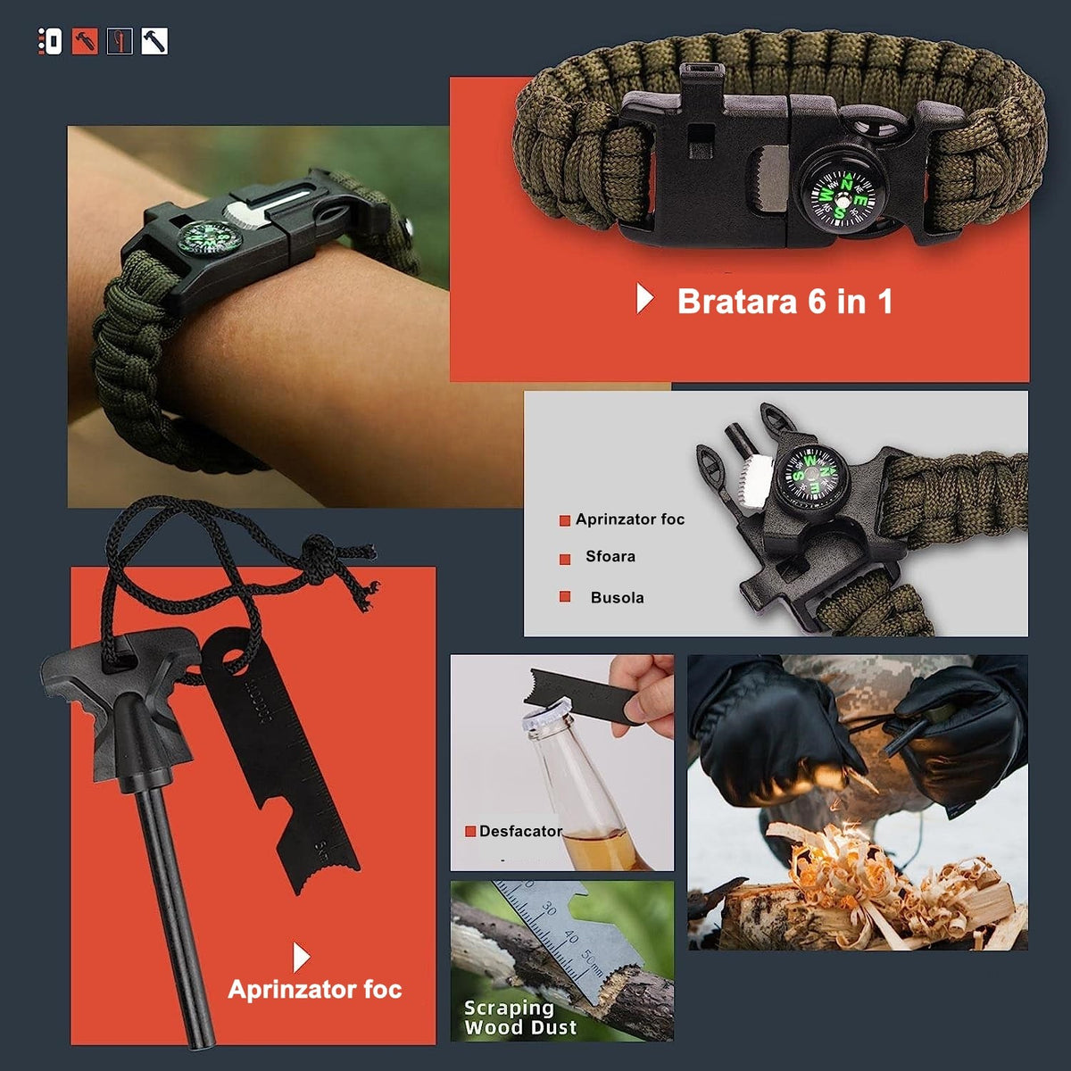 Kit Supravietuire Multifunctional 16 in 1, Set Instrumente Profesionale si Trusa Prim Ajutor, Echipament Camping si Drumetii, Otel si Nylon, Negru