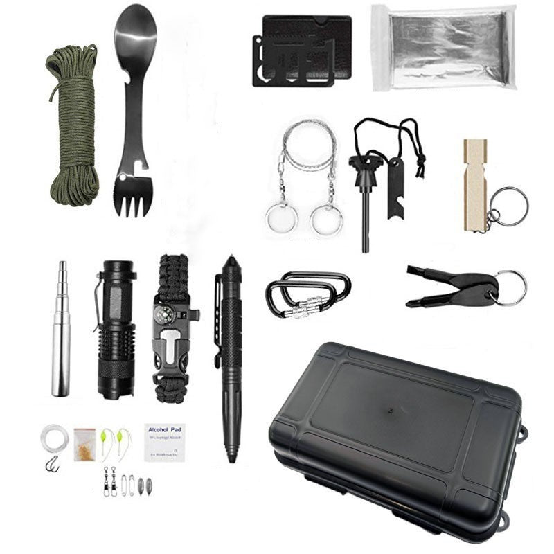 Kit Supravietuire Multifunctional, Set Instrumente Profesionale si Trusa Prim-Ajutor, Agatatoare Rucsac, pentru Camping si Drumetii, Negru
