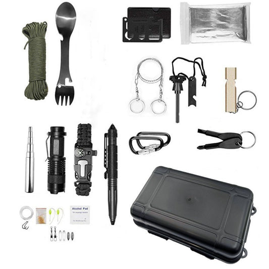 Kit Supravietuire Multifunctional, Set Instrumente Profesionale si Trusa Prim-Ajutor, Agatatoare Rucsac, pentru Camping si Drumetii, Negru