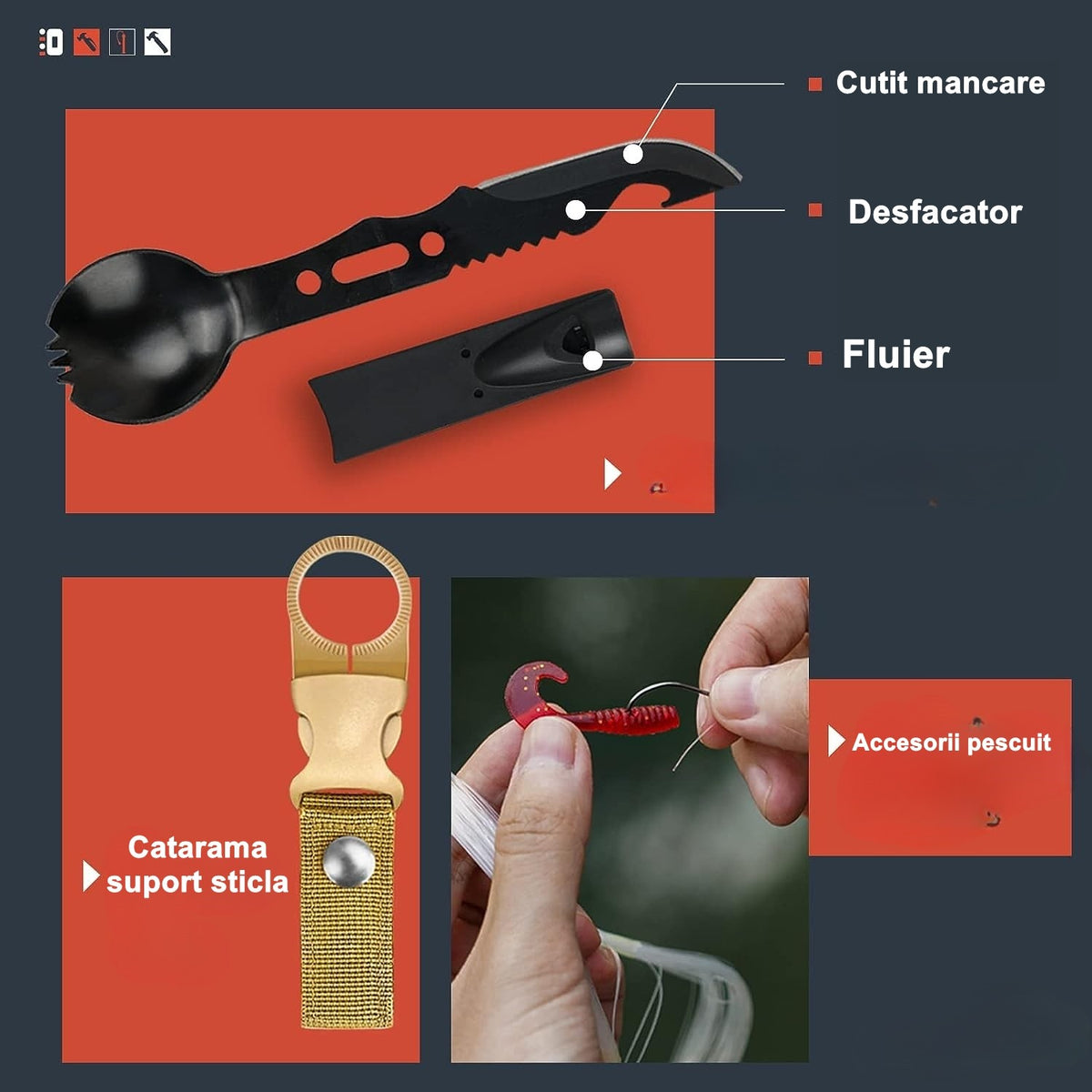 Kit Supravietuire Multifunctional, Instrumente Profesionale si Trusa de Prim-Ajutor, Agatatoare Rucsac, pentru Camping si Drumetii, Borseta Inclusa, Gri