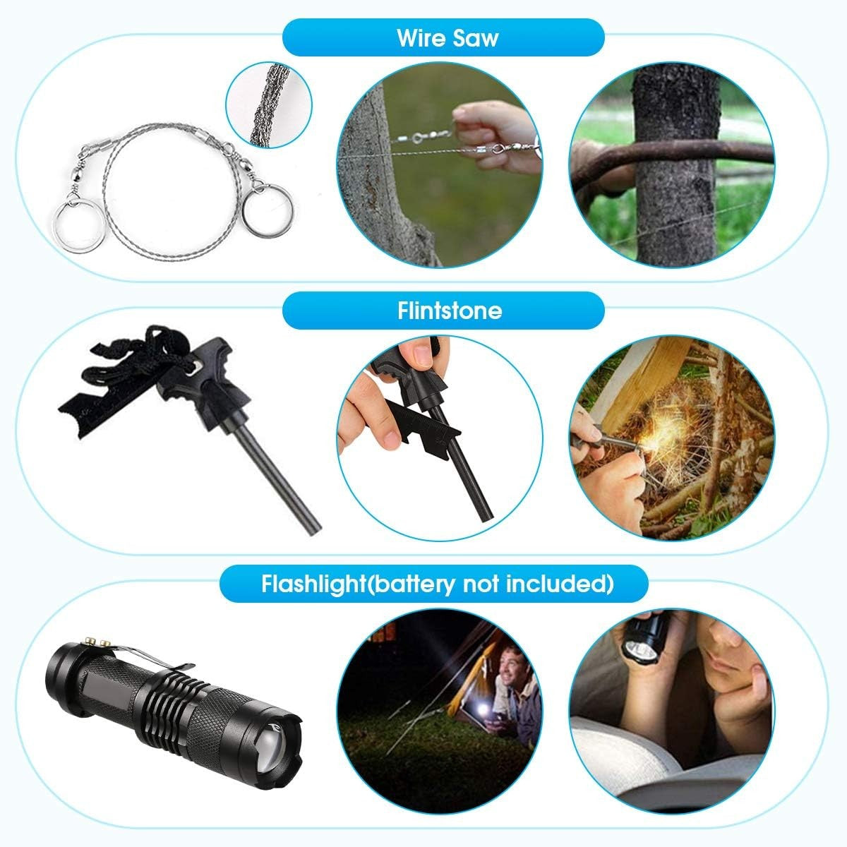 Kit Supravietuire Multifunctional, Instrumente Profesionale si Trusa de Prim-Ajutor, Agatatoare Rucsac, pentru Camping si Drumetii, Borseta Inclusa, Gri