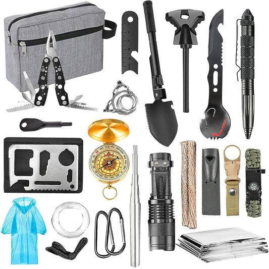 Kit Supravietuire Multifunctional, Instrumente Profesionale si Trusa de Prim-Ajutor, Agatatoare Rucsac, pentru Camping si Drumetii, Borseta Inclusa, Gri