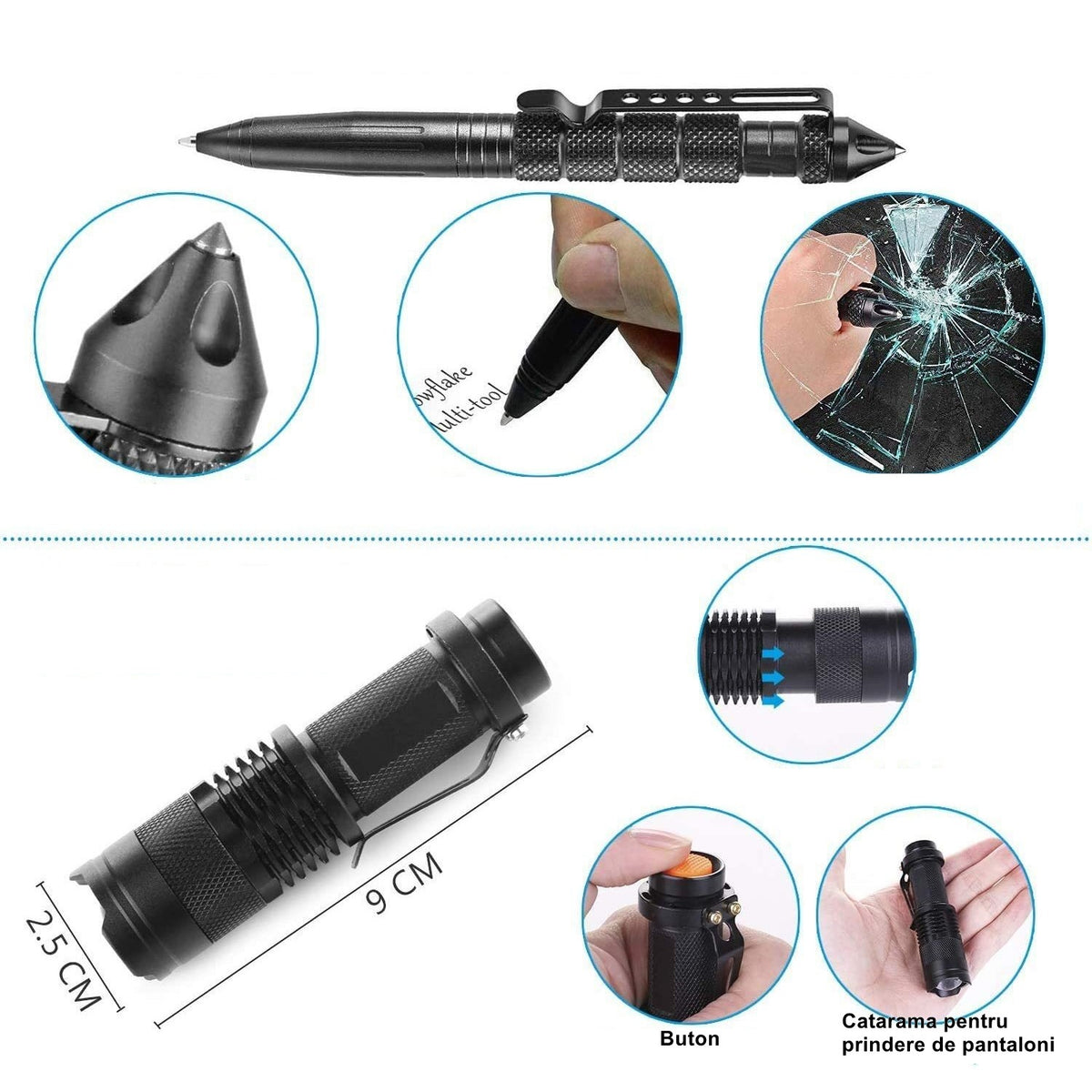Kit Supravietuire Multifunctional si Trusa Prim Ajutor, 42 Instrumente Profesionale pentru Camping si Drumetii, Echipament Urgenta cu Topor, Cutit si Lanterna, Negru
