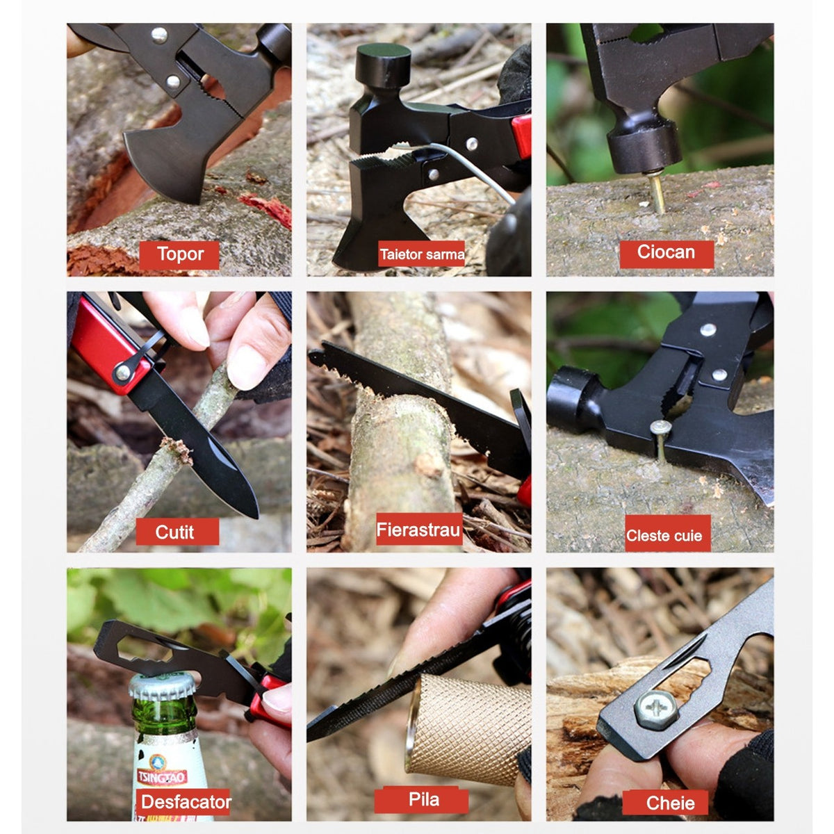 Kit Supravietuire Multifunctional si Trusa Prim Ajutor, 42 Instrumente Profesionale pentru Camping si Drumetii, Echipament Urgenta cu Topor, Cutit si Lanterna, Negru