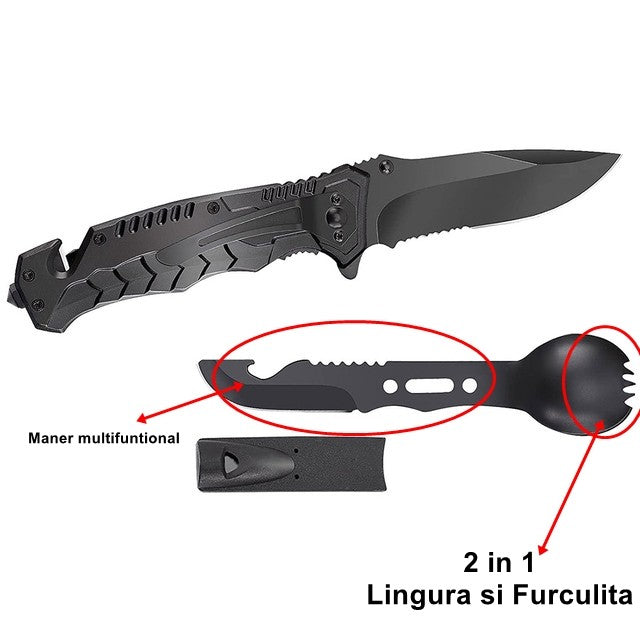 Kit Supravietuire Multifunctional si Trusa Prim Ajutor, 42 Instrumente Profesionale pentru Camping si Drumetii, Echipament Urgenta cu Topor, Cutit si Lanterna, Negru