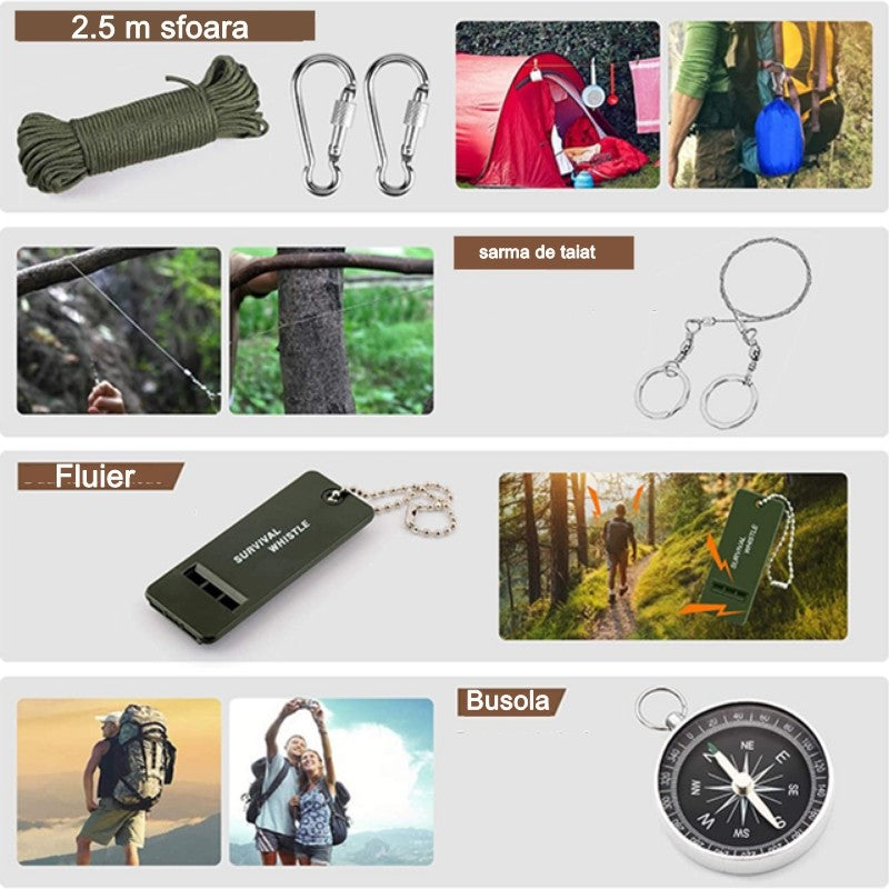 Kit Supravietuire Multifunctional, Set 42 Instrumente Profesionale si Prim Ajutor, Echipament Camping si Drumetii, Accesorii Tactice de Urgenta, Portabil, Negru