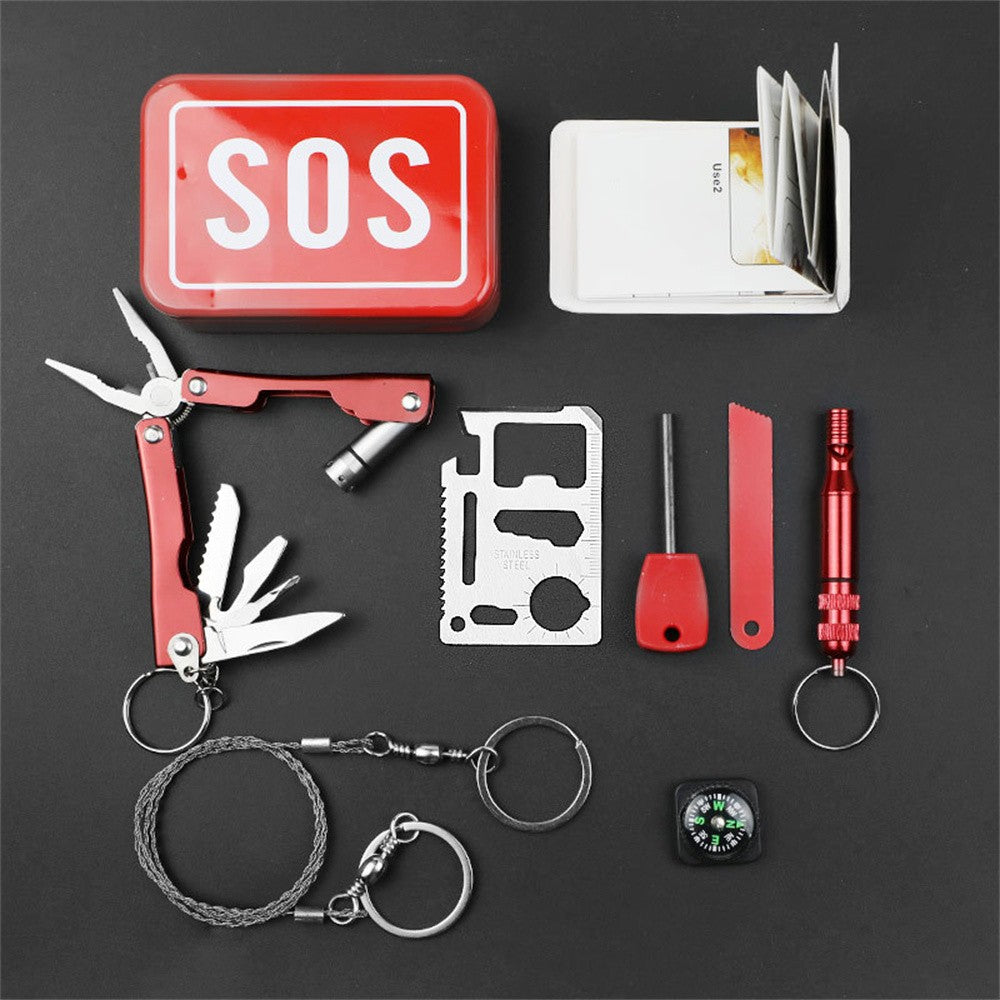 Kit Supravietuire Multifunctional, Instrumente Profesionale Camping si Drumetii, Carcasa Protectie, Rosie, 10 Piese