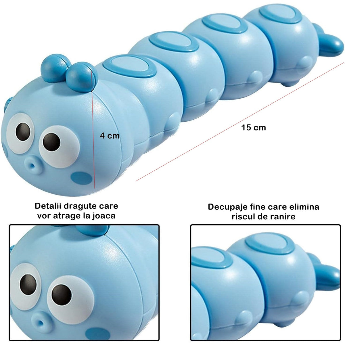 Jucărie Mecanică Omidă, Cu Cheiță Pentru Dezvoltarea Motorie, Material ABS, 15 x 4 cm, Albastru