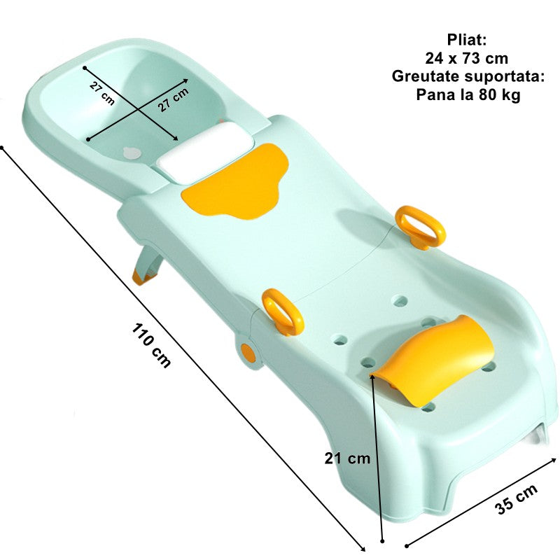 Suport Pliabil pentru Spalat Parul Copii, Scaun Ergonomic cu Suport Cap Reglabil, Scurgere si Manere, Polipropilena, 110 x 35 x 21 cm, Verde