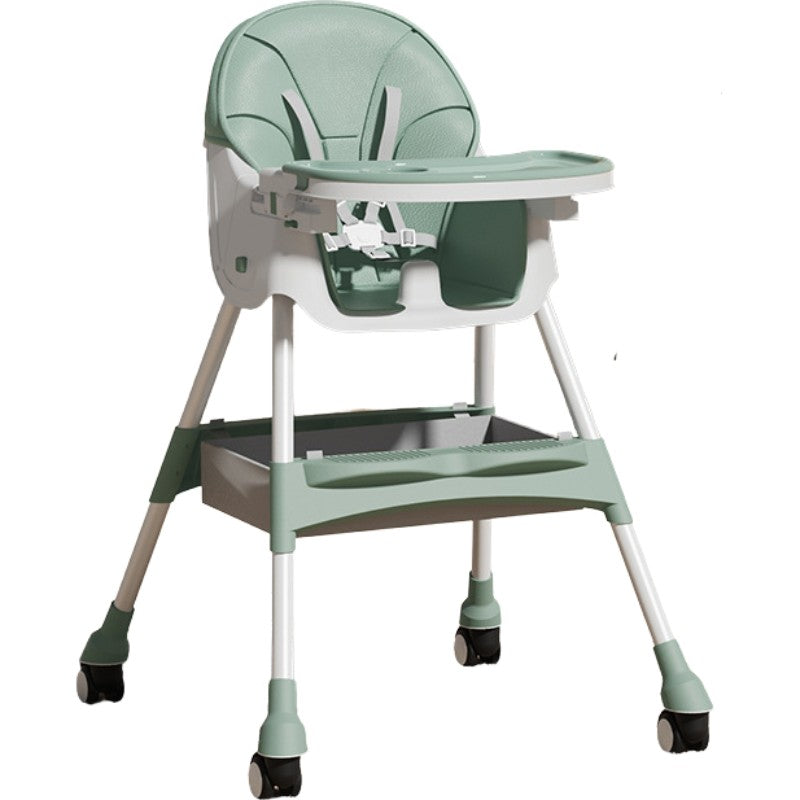 Scaun de Masa pentru Bebelusi si Copii, Telescopic si Pliabil, Roti cu Blocare, Centura 5 Puncte, Masuta Reglabila, Husa Piele Ecologica, 97 x 73 x 65 cm, Verde