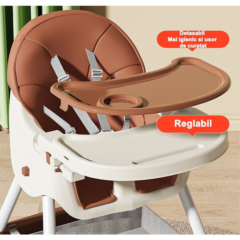 Scaun De Masa Pentru Bebelusi Si Copii, Inaltime Telescopica Si Pliabil, Masuta Reglabila Cu Roti Si Cos Depozitare, Husa Piele Ecologica, 97 x 73 x 65 cm, Maro