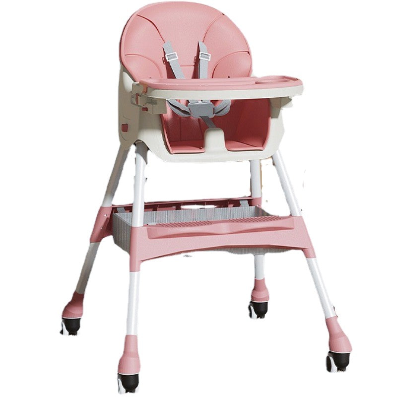 Scaun de Masa pentru Bebelusi si Copii, Telescopic si Pliabil, Roti cu Blocare, Masuta si Suport Picioare Reglabile, Husa Piele Ecologica, Centura 5 Puncte, Cos Depozitare, 97 x 73 x 65 cm, Roz