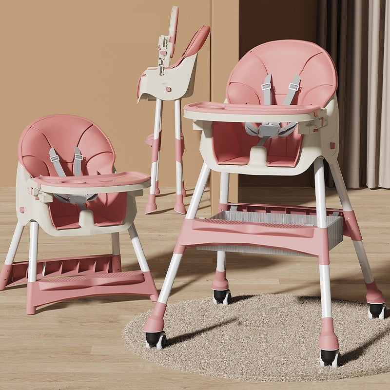 Scaun de Masa pentru Bebelusi si Copii, Telescopic si Pliabil, Roti cu Blocare, Masuta si Suport Picioare Reglabile, Husa Piele Ecologica, Centura 5 Puncte, Cos Depozitare, 97 x 73 x 65 cm, Roz