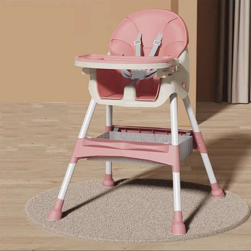 Scaun de Masa pentru Bebelusi si Copii, Telescopic si Pliabil, Roti cu Blocare, Masuta si Suport Picioare Reglabile, Husa Piele Ecologica, Centura 5 Puncte, Cos Depozitare, 97 x 73 x 65 cm, Roz