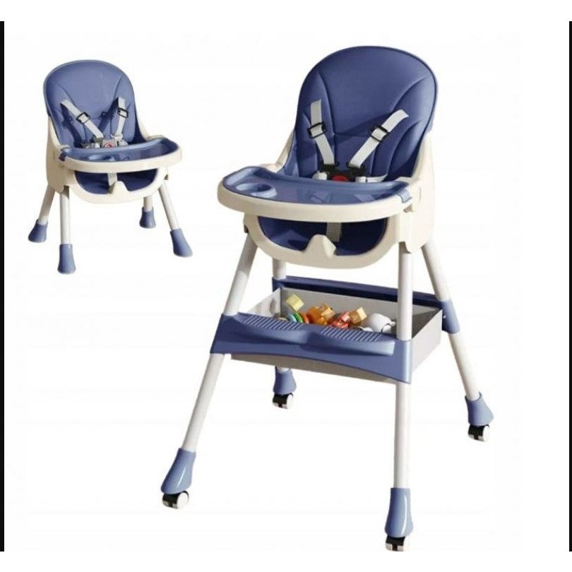 Scaun de Masa pentru Bebelusi si Copii, Telescopic si Pliabil, Roti cu Blocare, Masuta Reglabila, Husa Piele Ecologica, Cos Depozitare, 97 x 73 x 65 cm, Albastru
